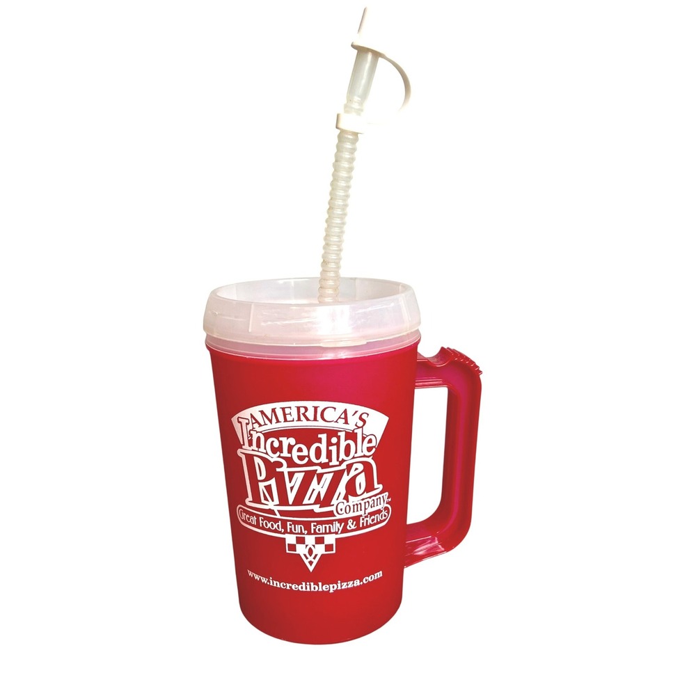 Americas Incredible Pizza Company Pink Insulated Hot or Cold Mug 22 Oz w/ Straw